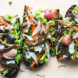 Sheet Pan Toasts with Spring Vegetables and Mashed Peas