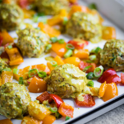 Sheet Pan Zucchini Chicken Meatballs with Coconut Curry Sauce