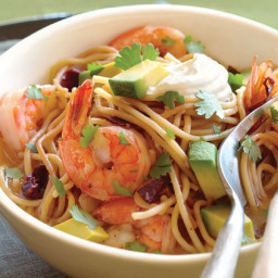 Shrimp, Ancho Chili and Vermicelli Pasta Soup with Avocado, Sour Cream and 