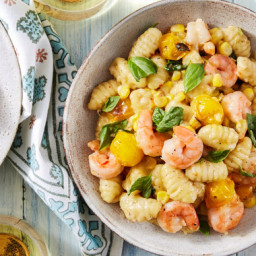 Shrimp and Fresh Gnocchiwith Corn, Basil, and Yellow Charm Tomatoes