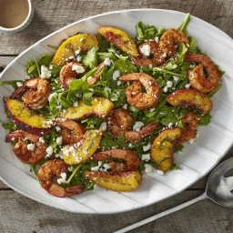 Shrimp and Marinated Peach Salad with Blue Cheese and Caramelized Shallot V