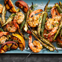 Shrimp-and-Okra Kebabs with Grilled Peaches and Jalape&ntilde;o-Bourbon