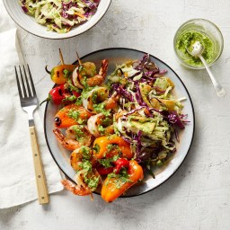 Shrimp and Pepper Kebabs with Grilled Red Onion Slaw