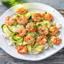 Shrimp and Zucchini Ribbons with Basil Oil over Jasmine Rice