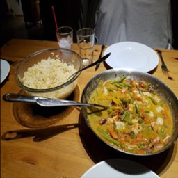 Shrimp, coconut-milk, yellow curry with rice and orzo