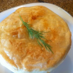 Shrimp, Leek and Andouille Pot Pie topped with Puff Pastry