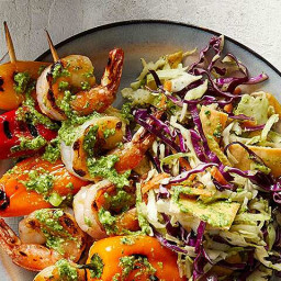 Shrimp & Pepper Kebabs with Grilled Red Onion Slaw