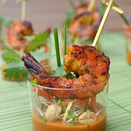 Shrimp Satay Skewer Shooters with Thai Spicy Peanut Sauce