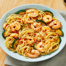 Shrimp Spaghetti with a Kick with Garlic Herb Butter & Zucchini