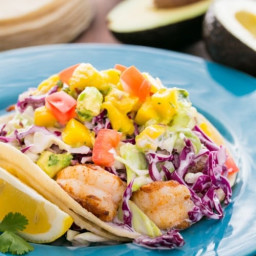 Shrimp Tacos with Coconut Coleslaw and Mango Salsa