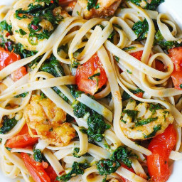 Shrimp, tomato, and spinach pasta in garlic butter sauce