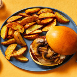 Shroom ’n’ Swiss Pork Burgers with Potato Wedges & a Creamy Honey-Dijon Dip