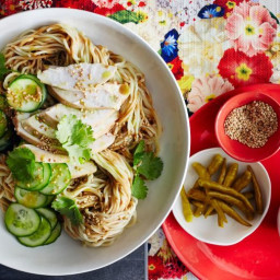 Sichuan pepper chicken with egg noodles and cucumber