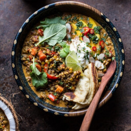 Simple Coconut Quinoa and Lentil Curry with Lime Mango.