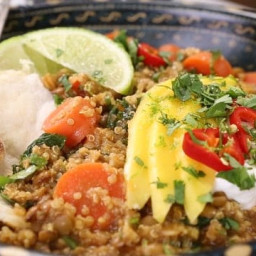 Simple Coconut Quinoa and Lentil Curry with Lime Mango.