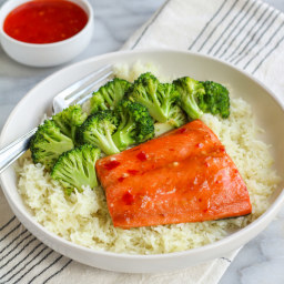 Simple Sweet Chili Salmon with Sesame Broccoli and Rice
