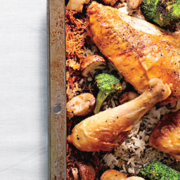 Simple Whole Chicken with Roasted Broccoli-Mushroom Rice