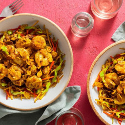 Singapore-style cabbage bowls with curried shrimp and spiced almonds