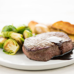 Sirloin Steak with Balsamic Sauceand fingerling potatoes and Brussels sprou