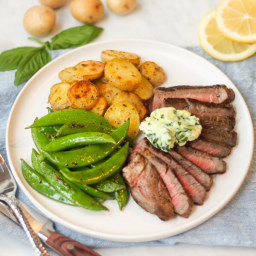 Sirloin Steak with Basil Compound Butter, Roasted Potatoes and Snap Peas
