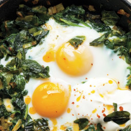 Skillet-Baked Eggs with Spinach, Yogurt, and Chili Oil