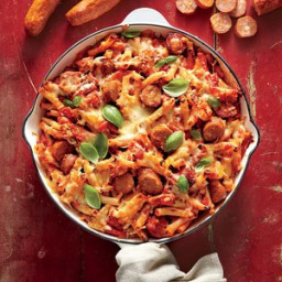 Skillet-Baked Ziti with Andouille, Tomatoes, and Peppers