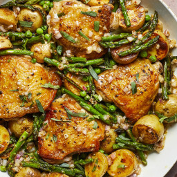 Skillet Chicken Thighs with Spring Vegetables and Shallot Vinaigrette