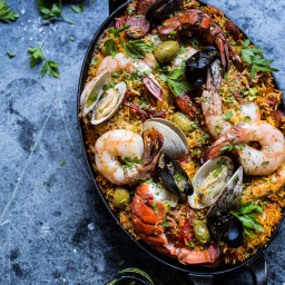 Skillet Grilled Seafood and Chorizo Paella.