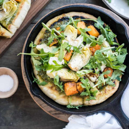 Skillet Pesto Flatbread with Goat Cheese, Artichokes and Roasted Butternut 