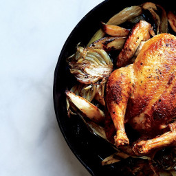 Skillet Roast Chicken with Fennel, Parsnips, and Scallions