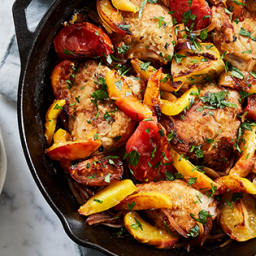 Skillet Roast Chicken with Peaches, Tomatoes and Red Onion