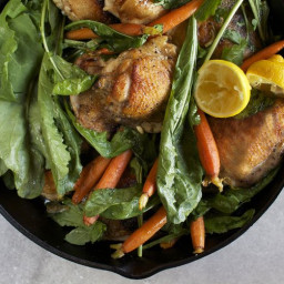 Skillet Roasted Chicken Thighs with Dandelion Greens + Baby Carrots