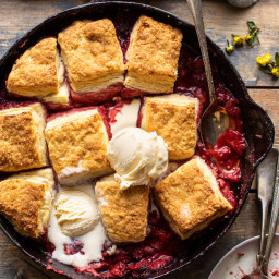Skillet Strawberry Bourbon Cobbler with Layered Cream Cheese Biscuits