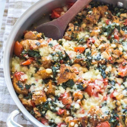 Skillet Tomato Casserole with White Beans and Parmesan Croutons