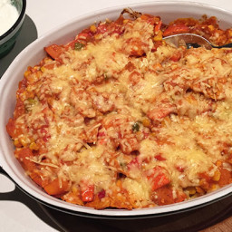 Skinny Mexican casserole with pumpkin and corn tortillas