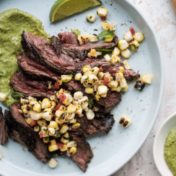 Skirt Steak with Avocado Pesto and Grilled Corn Relish.