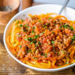 Slow cooked Bolognese sauce with sweet potato noodles
