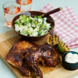 Slow-cooked chicken with broccoli salad