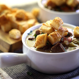 Slow Cooker Beef and Guinness Pot Pie Soup with Thyme Puff Pastry Croutons