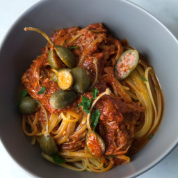 Slow Cooker Chicken Cacciatore with Linguine and Caper Berries