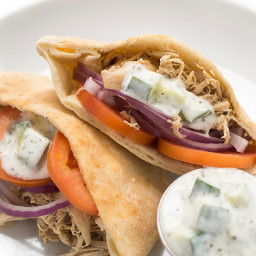Slow Cooker Chicken Shawarma Pitas with Cucumber Sauce
