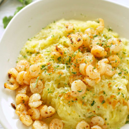 Slow Cooker Creamy Basil Pesto Spaghetti Squash with Garlic Butter Shrimp