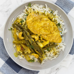 Slow Cooker Curry Cashew-Coconut Chicken with Ginger-Cilantro Turnip Rice