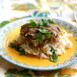 Slow Cooker Pork with Salsa Verde and Cilantro Rice.