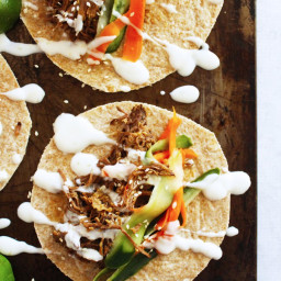 Slow Cooker Shredded Sesame Beef Tacos with Pickled Veggies and Lime Cream