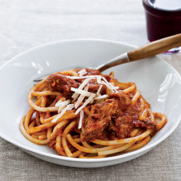 Slow Cooker Sunday Sauce on Spaghetti