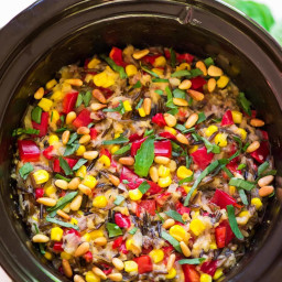 Slow Cooker Wild Rice Pilaf with Basil, Corn and Bell Pepper
