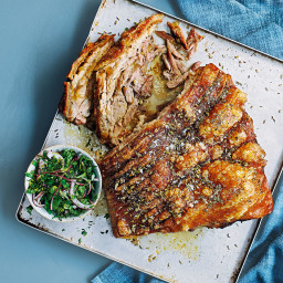 Slow-roast pork belly with sherry gravy and mint relish