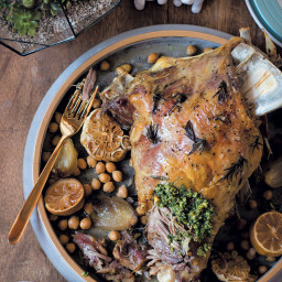 Slow-roasted lamb shoulder and chickpeas with preserved lemon, pistachio an