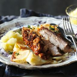 Slow-roasted pork belly with boulangère potatoes